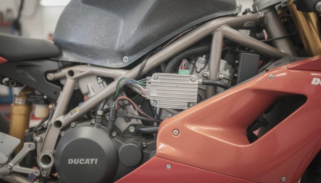 découvrez l'emplacement précis du régulateur de tension sur la ducati 916 st4 de l'année 2000, situé sous le carénage latéral droit, pour faciliter vos interventions et maintenances.